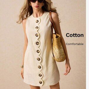 Cotton Button Down Scalloped Edge A-Line Mini Dress - Easy Everyday Summer Dress